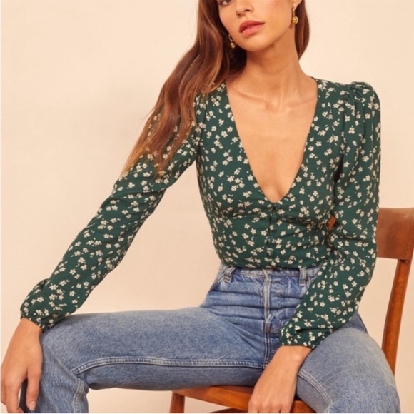 Reformation Tops - Reformation Forest Green Floral Top